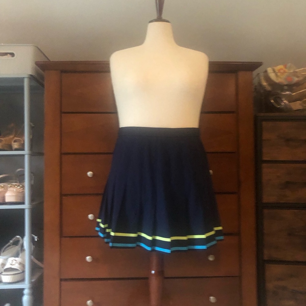 Navy Circle Skater Mini Skirt with Blue and Lime Hem Stripes